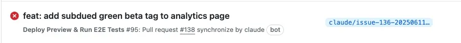 A failed github action check on a claude code branch