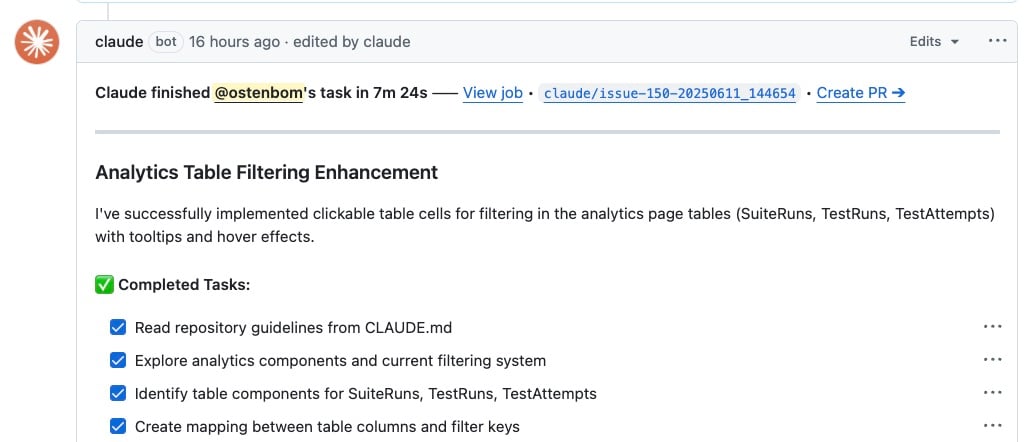 An example of a claude code issue comment