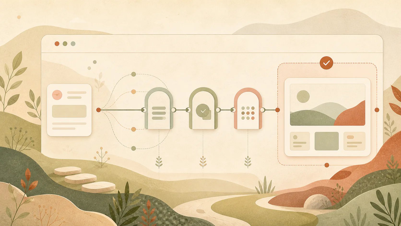 Abstract illustration of an automated coding task moving through quality checks, review, and a live preview.