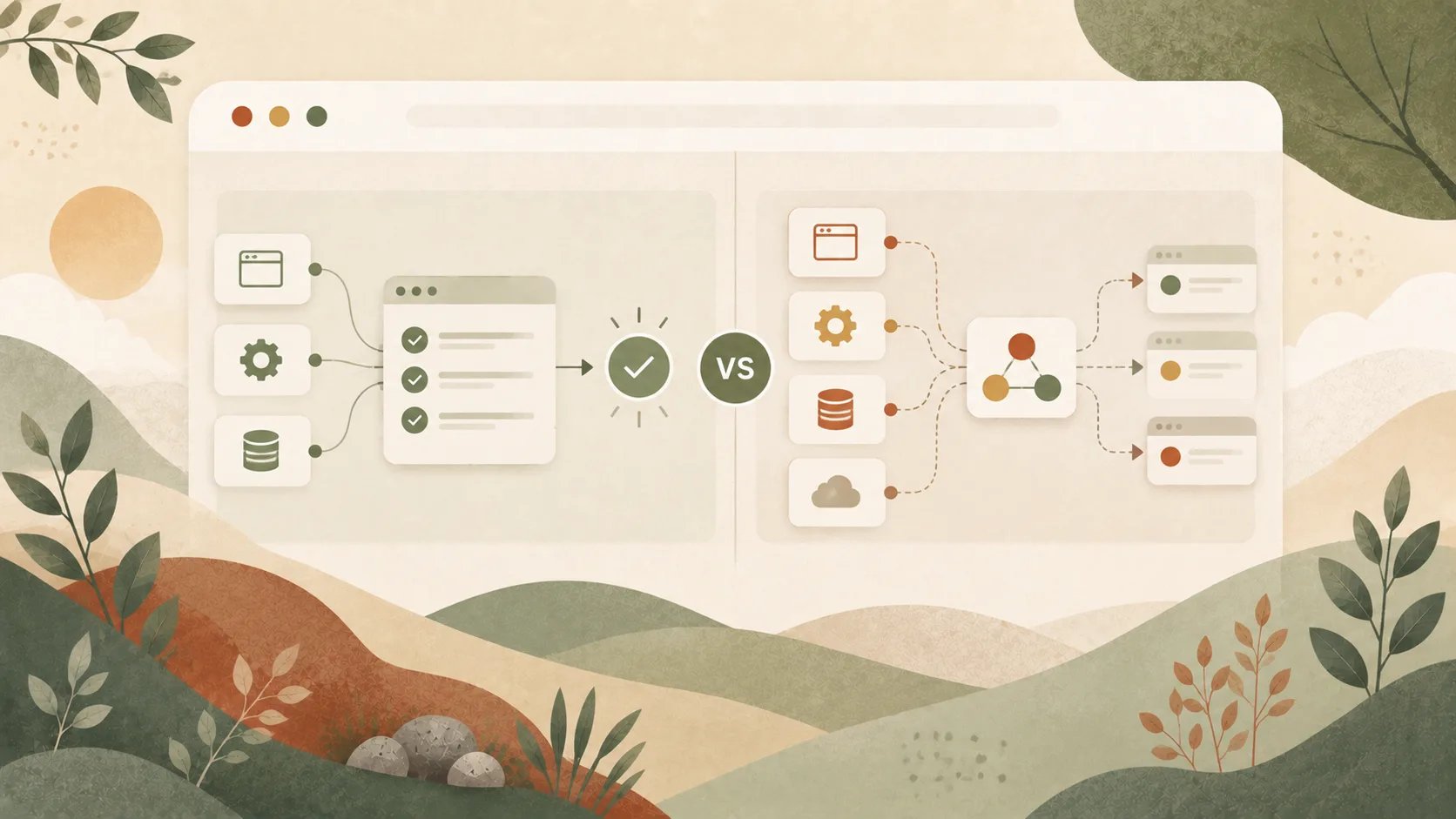 Illustration contrasting tests running side by side to a single passing result with tests routed through an orchestrator to separate machines.
