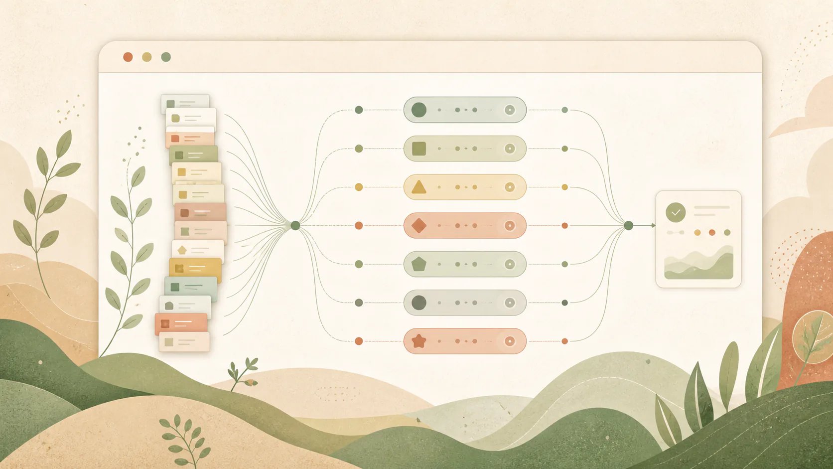 Abstract illustration of a growing Playwright test suite spreading across parallel execution lanes and merging into a single result.