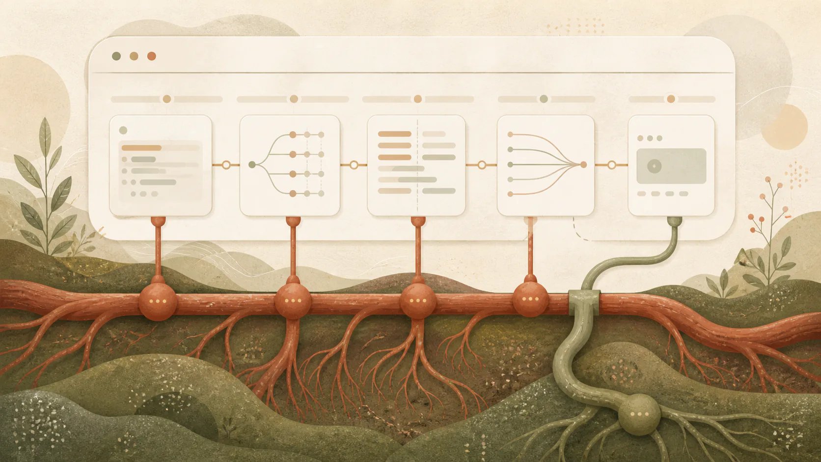 Abstract illustration of a JavaScript toolchain supported by a fast, durable Rust foundation.