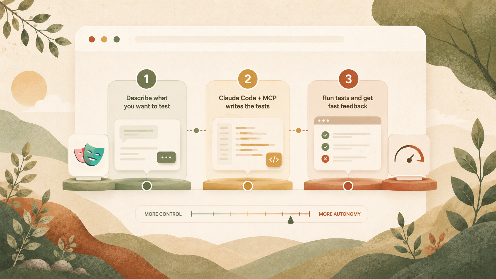 Three-step workflow: describe a test, have Claude Code and Playwright MCP write it, then run it for fast feedback