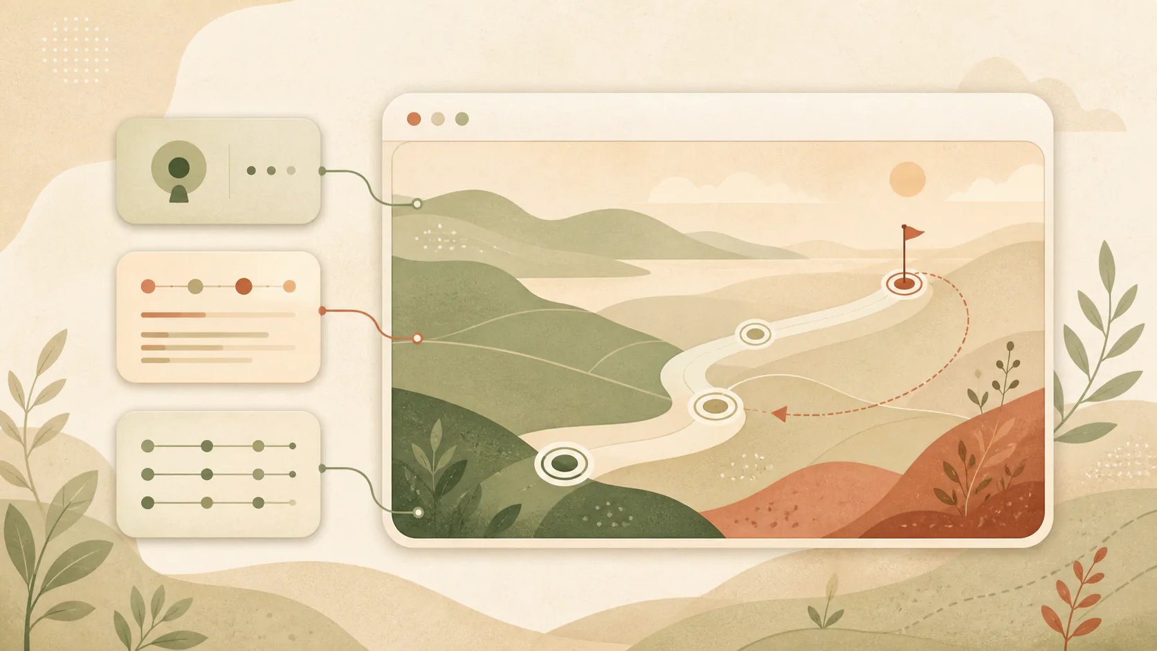 Abstract illustration of three sources of testing context converging into a browser journey with review checkpoints.