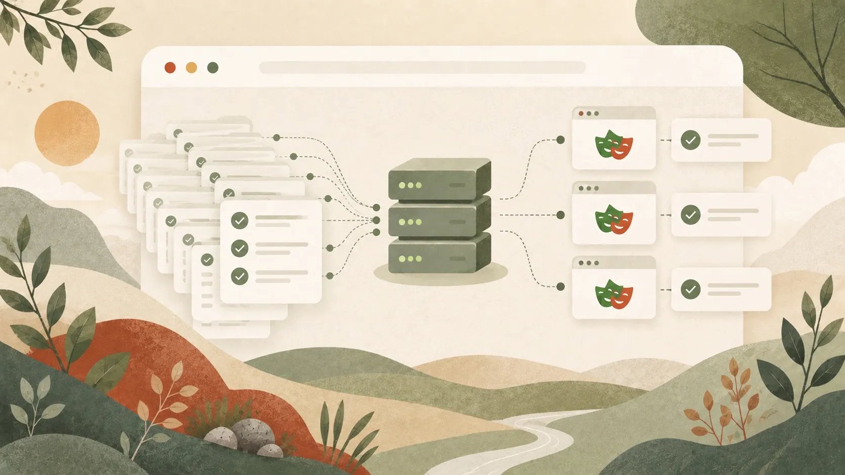 Illustration of a stack of Playwright test files fanning out through a server to separate browser windows, each finishing with a passing check.