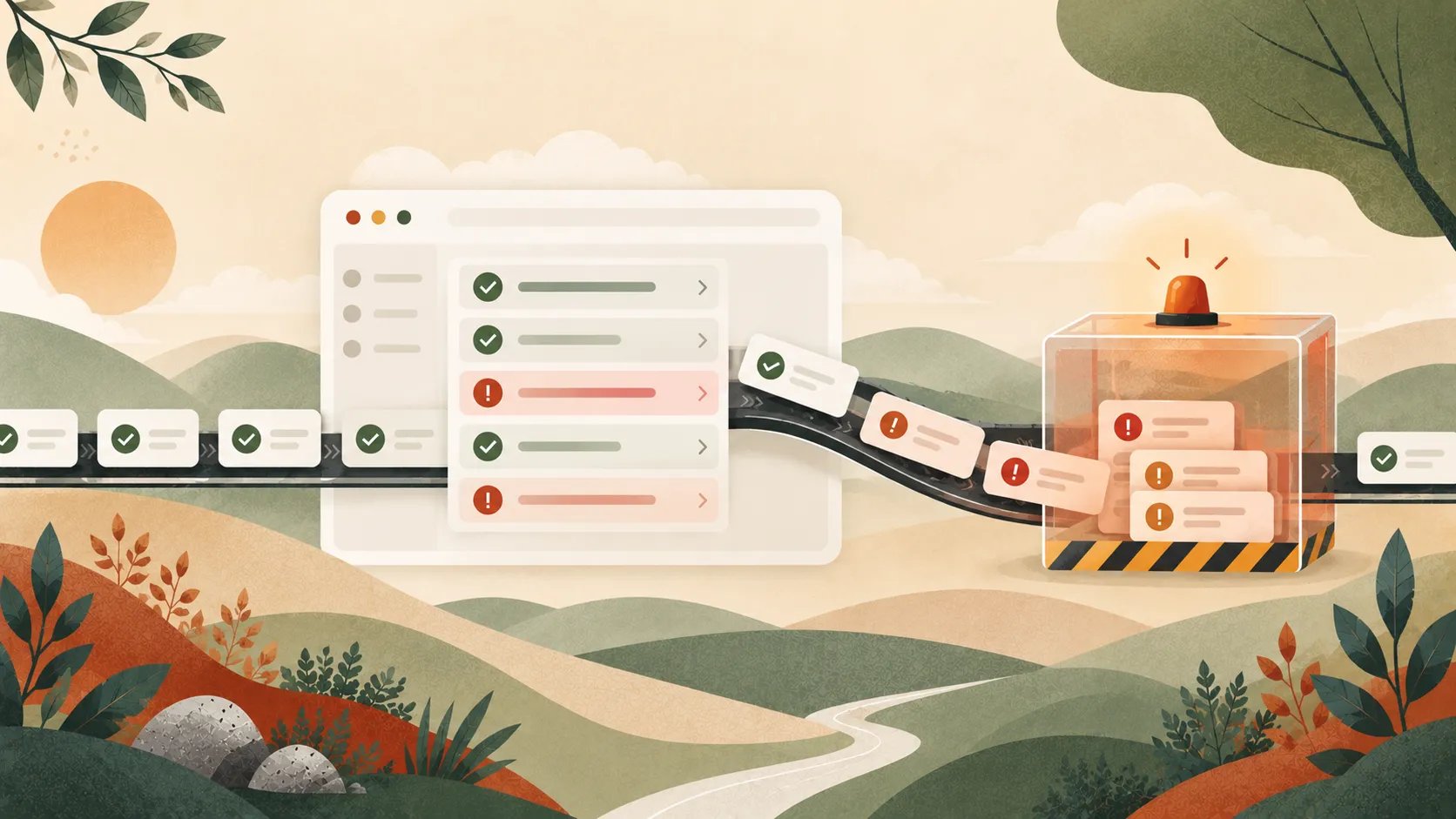 Illustration of test results moving along a conveyor from a test report into a glass quarantine box with a warning light, where the failing results are held while passing results continue past it.