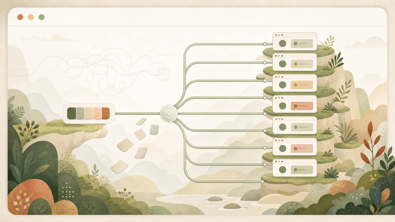 Abstract illustration of a compact test bundle branching into isolated browser environments that run simultaneously.