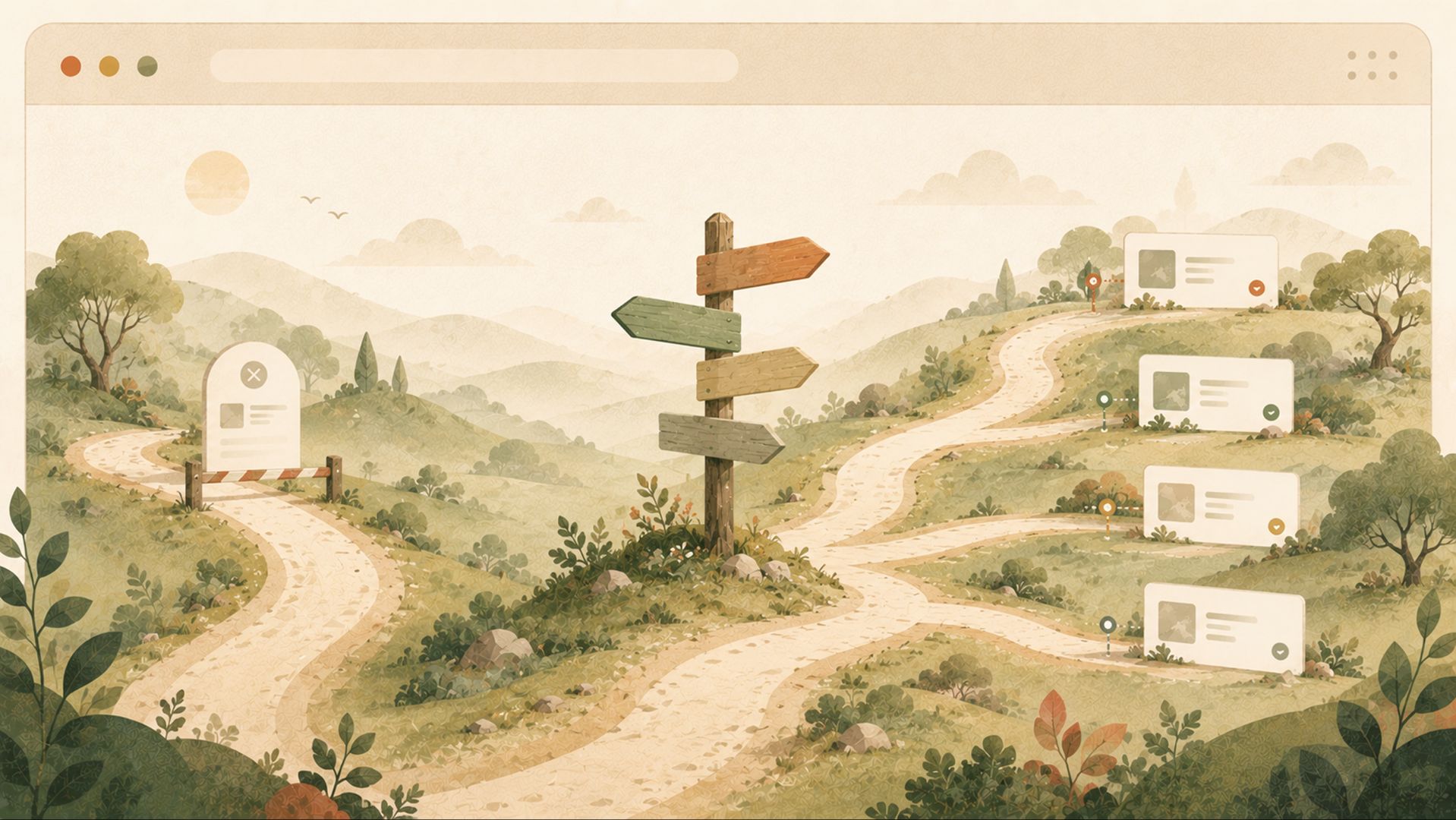 Abstract editorial illustration of an Azure Playwright Testing migration, showing a blocked-off old path, a central signpost, and several new testing workflow routes through a calm nature-inspired browser landscape.