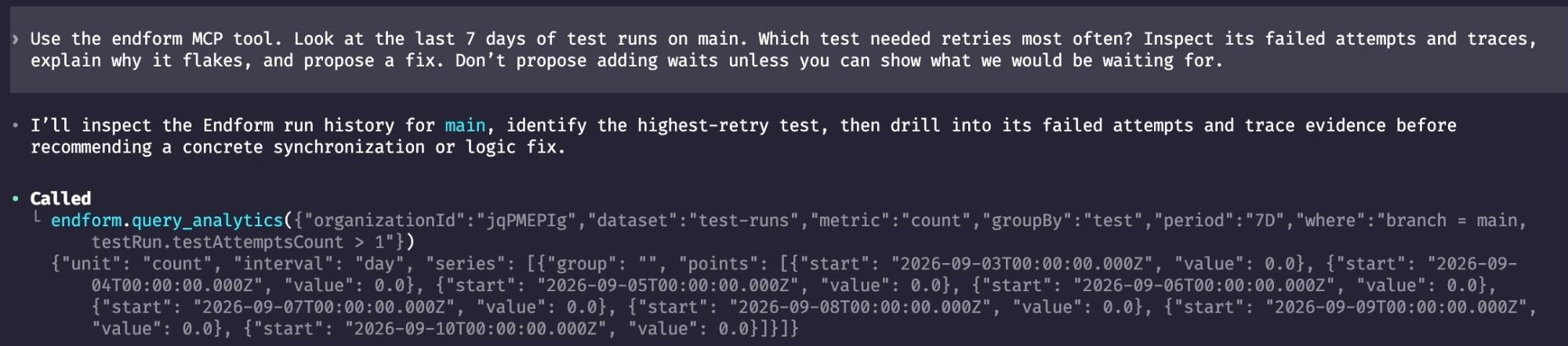 Claude Code receiving the prompt, planning its investigation, and calling the Endform query_analytics tool