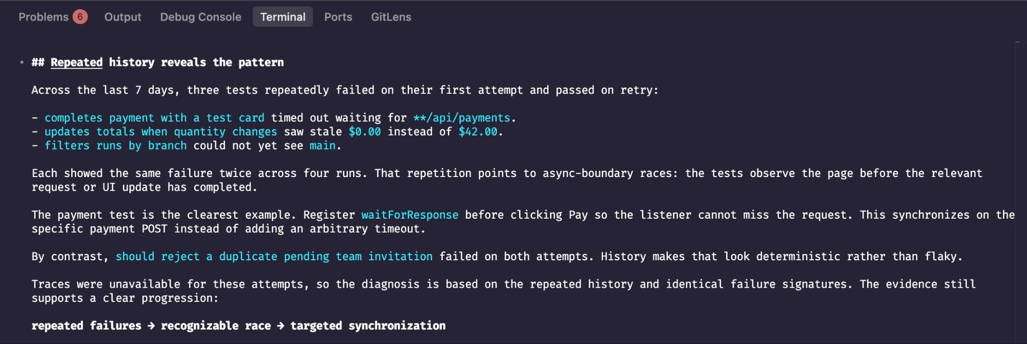 Claude Code summarizes repeated test failures and a targeted payment test fix
