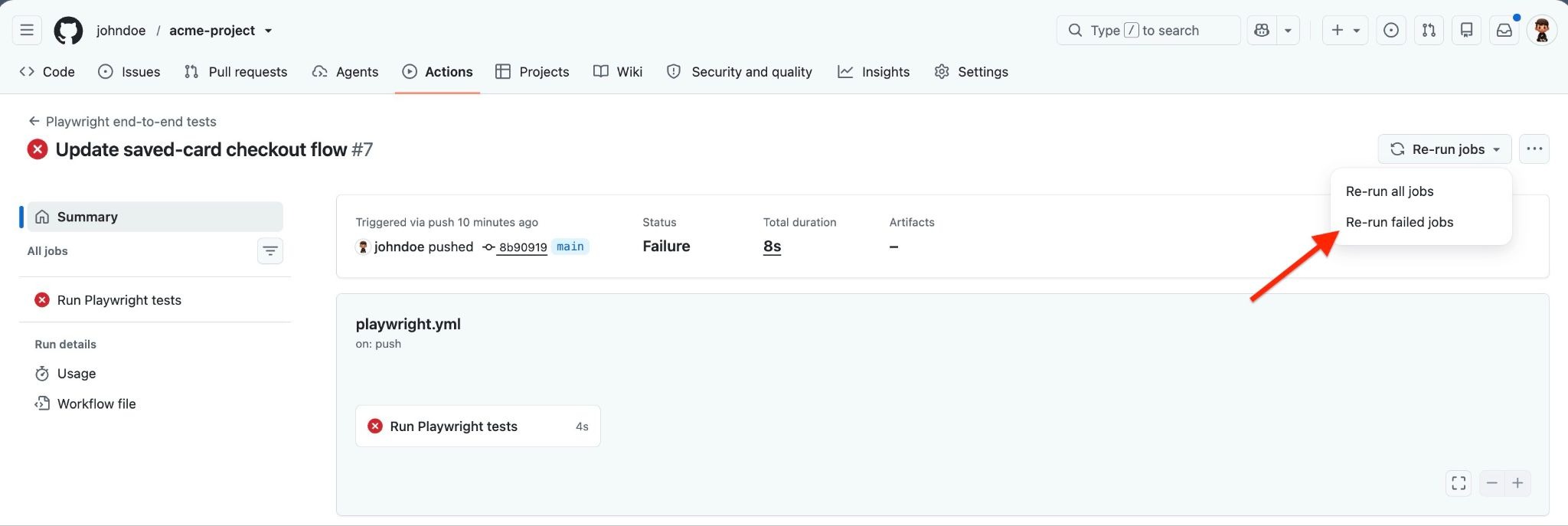 Failed GitHub Actions run with the Re-run failed jobs menu open