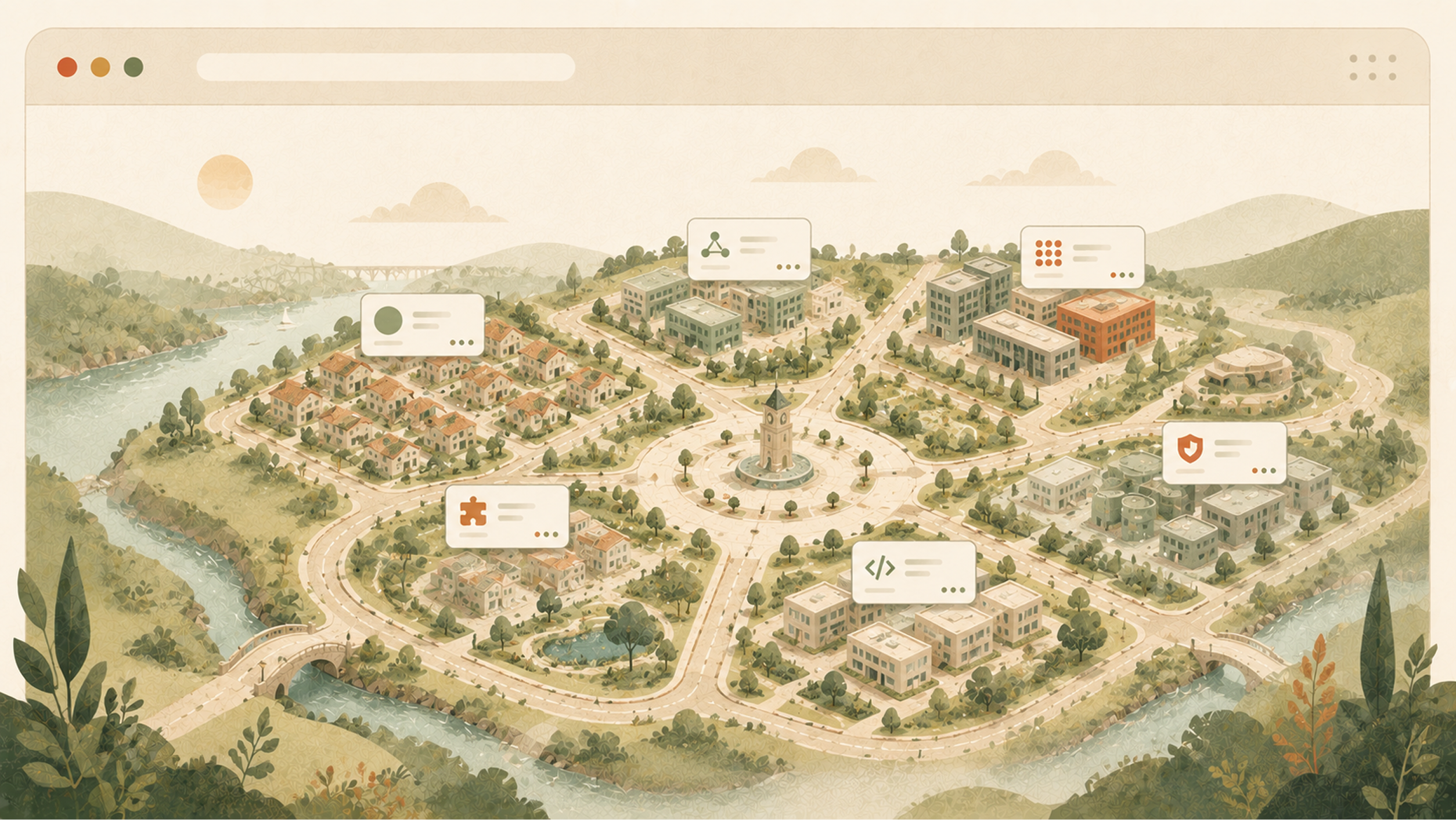 A helicopter perspective view of a fictional town representing different areas
of best practices for Playwright tests at
scale