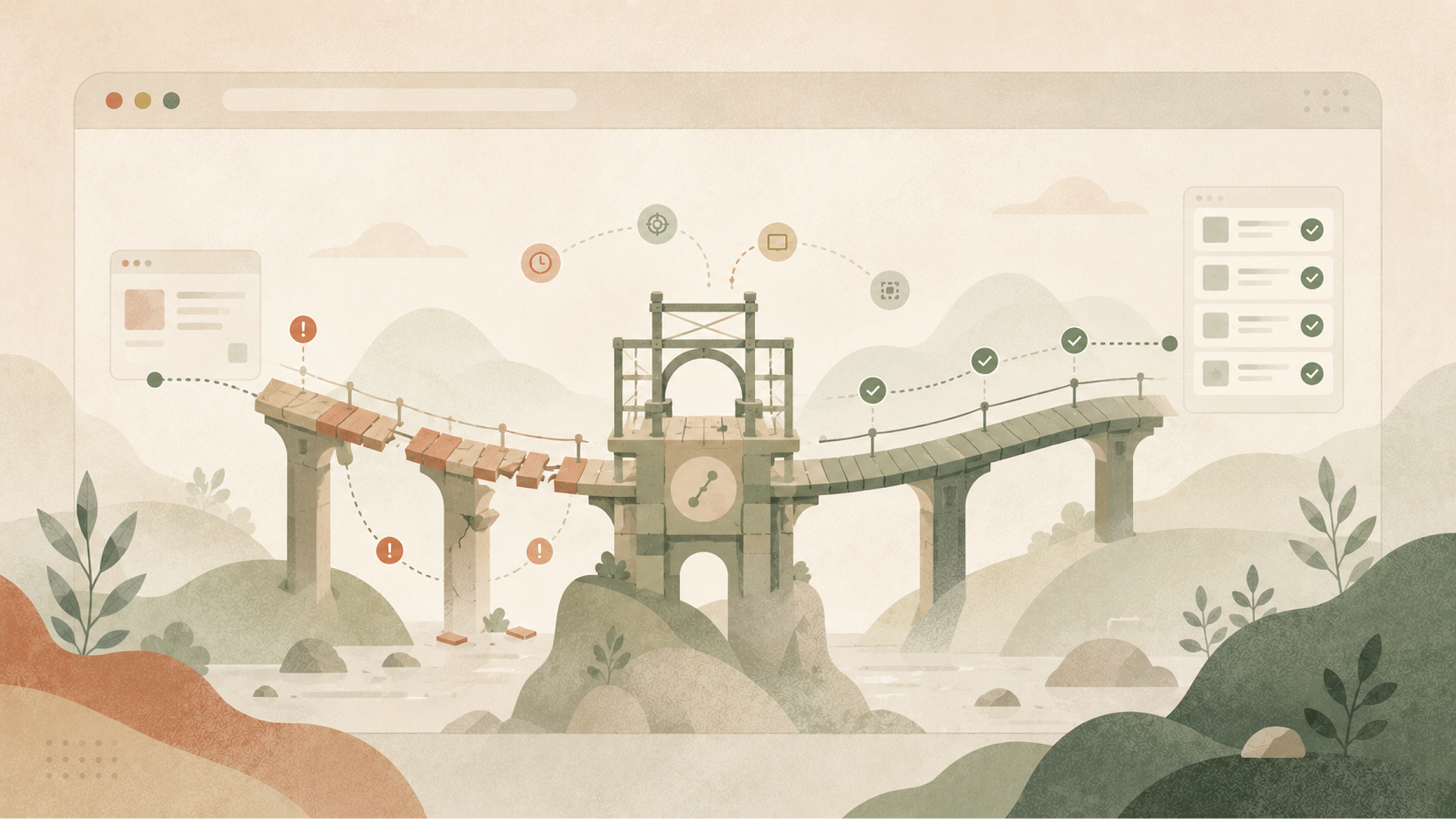 Illustration of flaky Playwright tests causing a broken
bridge between failing and passing CI checks, with error and success markers.