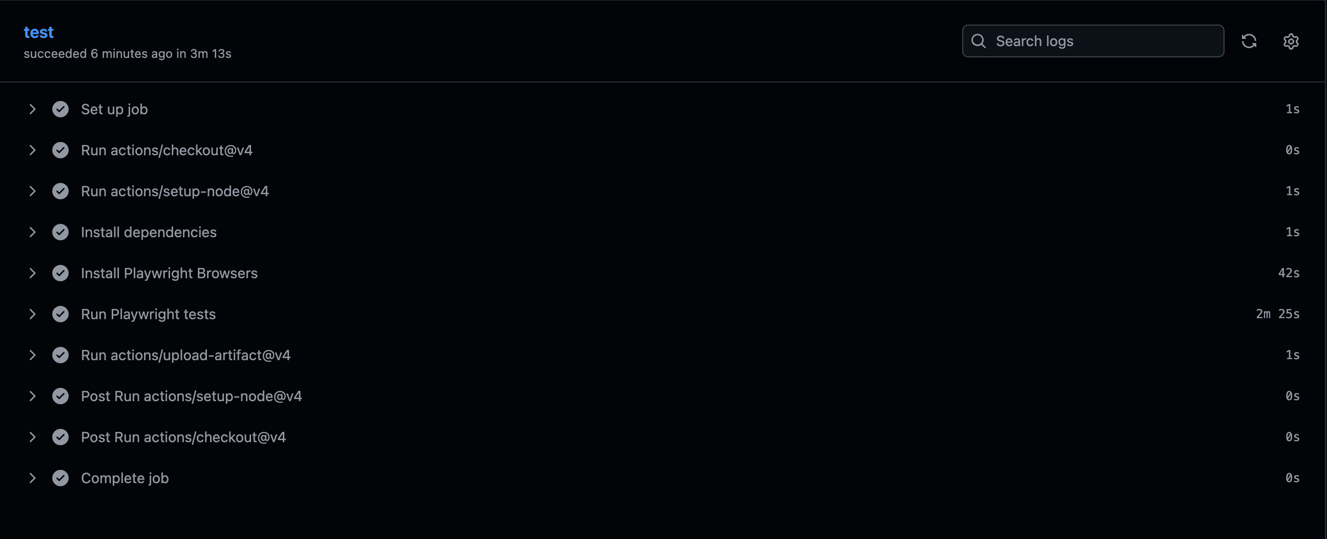 Step durations for the baseline job. Checkout, Node setup, and dependency
install finish in about a second each. Two steps account for nearly the entire
run.