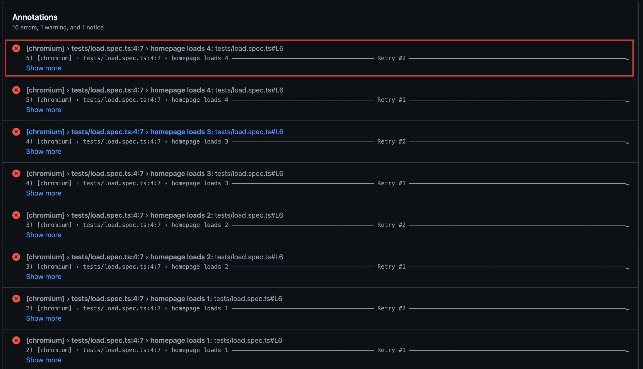 The github reporter surfaces failures as annotations on the run summary, each
naming the test and its
location