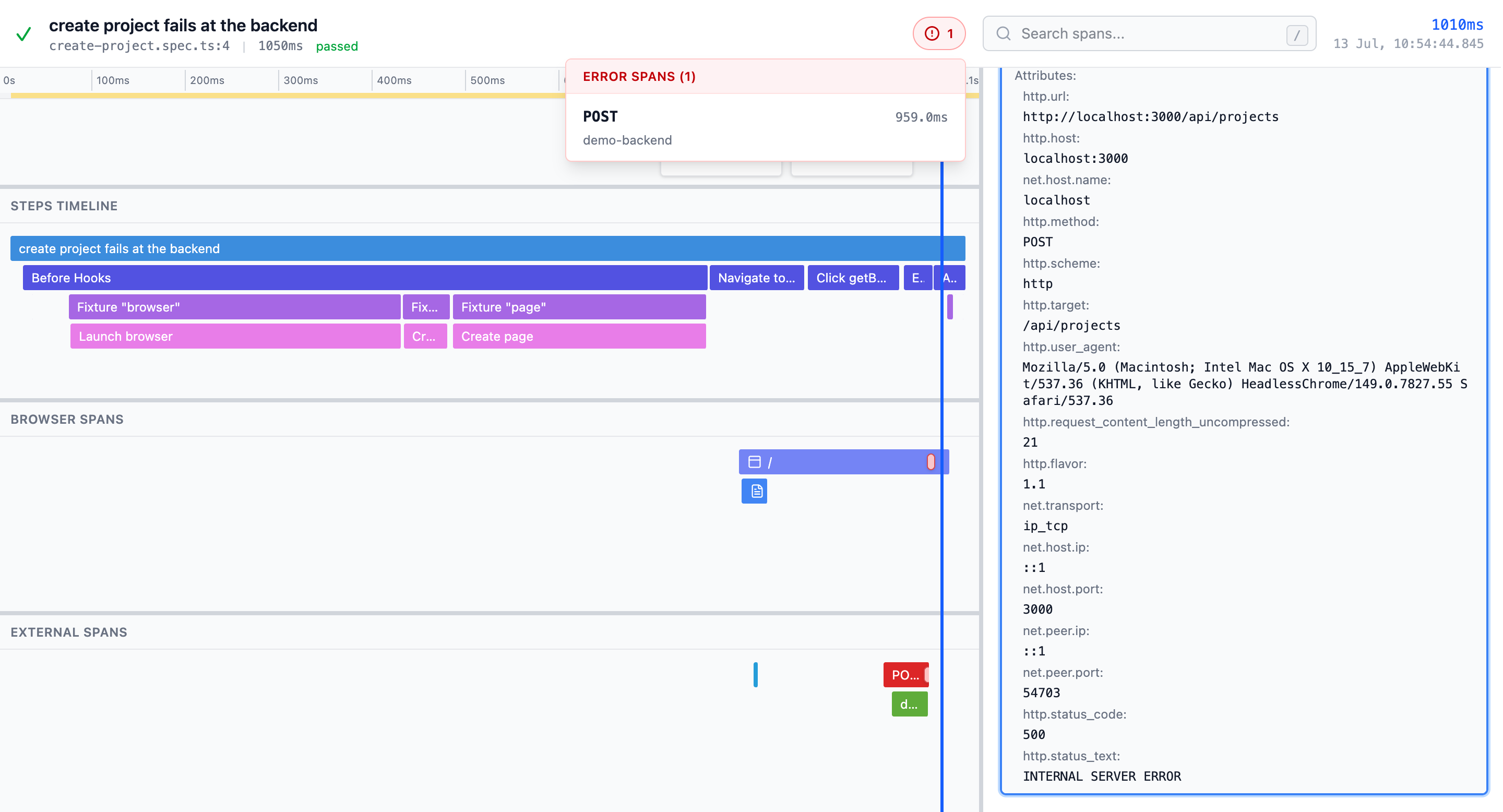 One browser request, its backend descendants, and the database query that ran underneath, all in the same trace