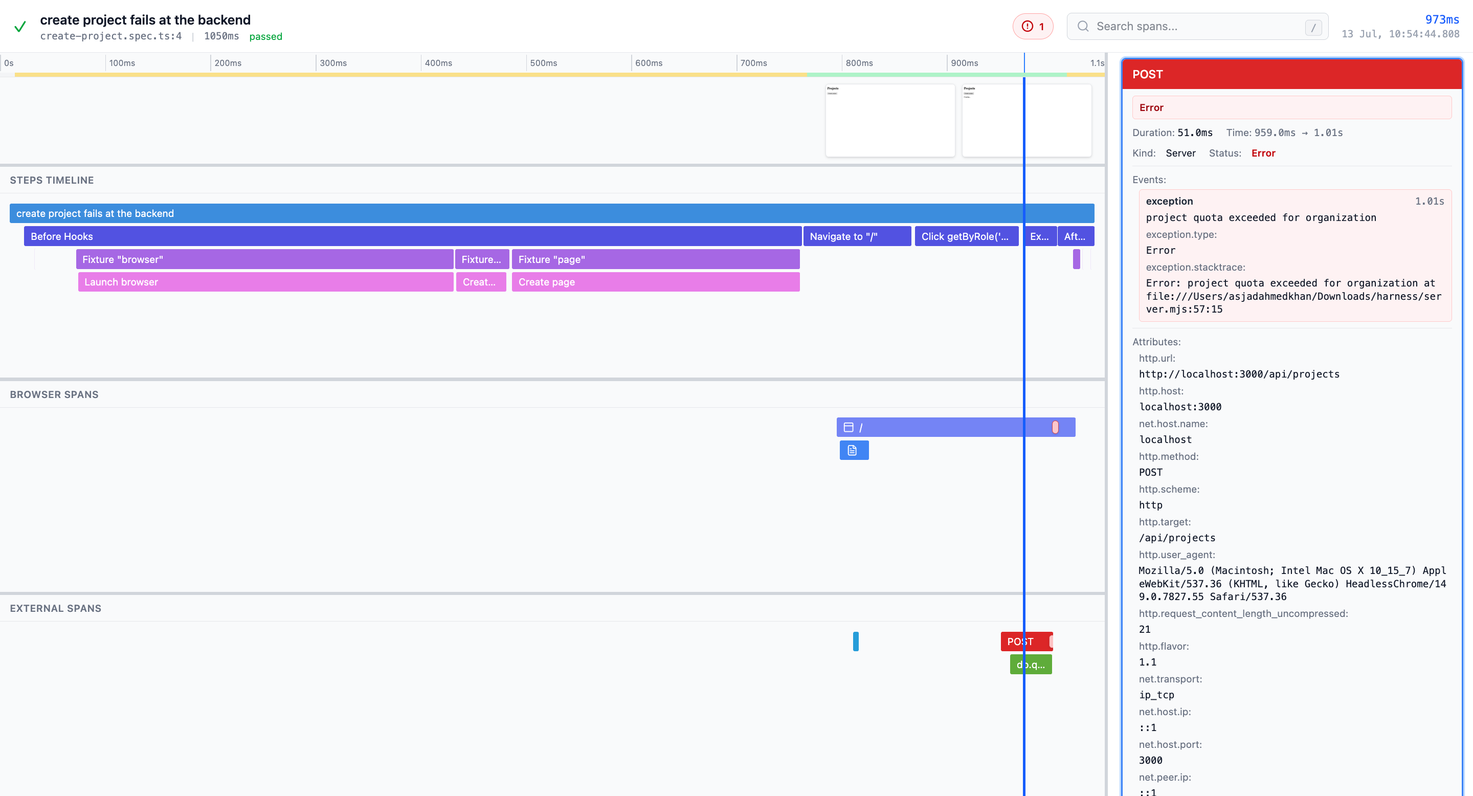 One test attempt, traced from the Playwright step through the browser request into the backend span that failed