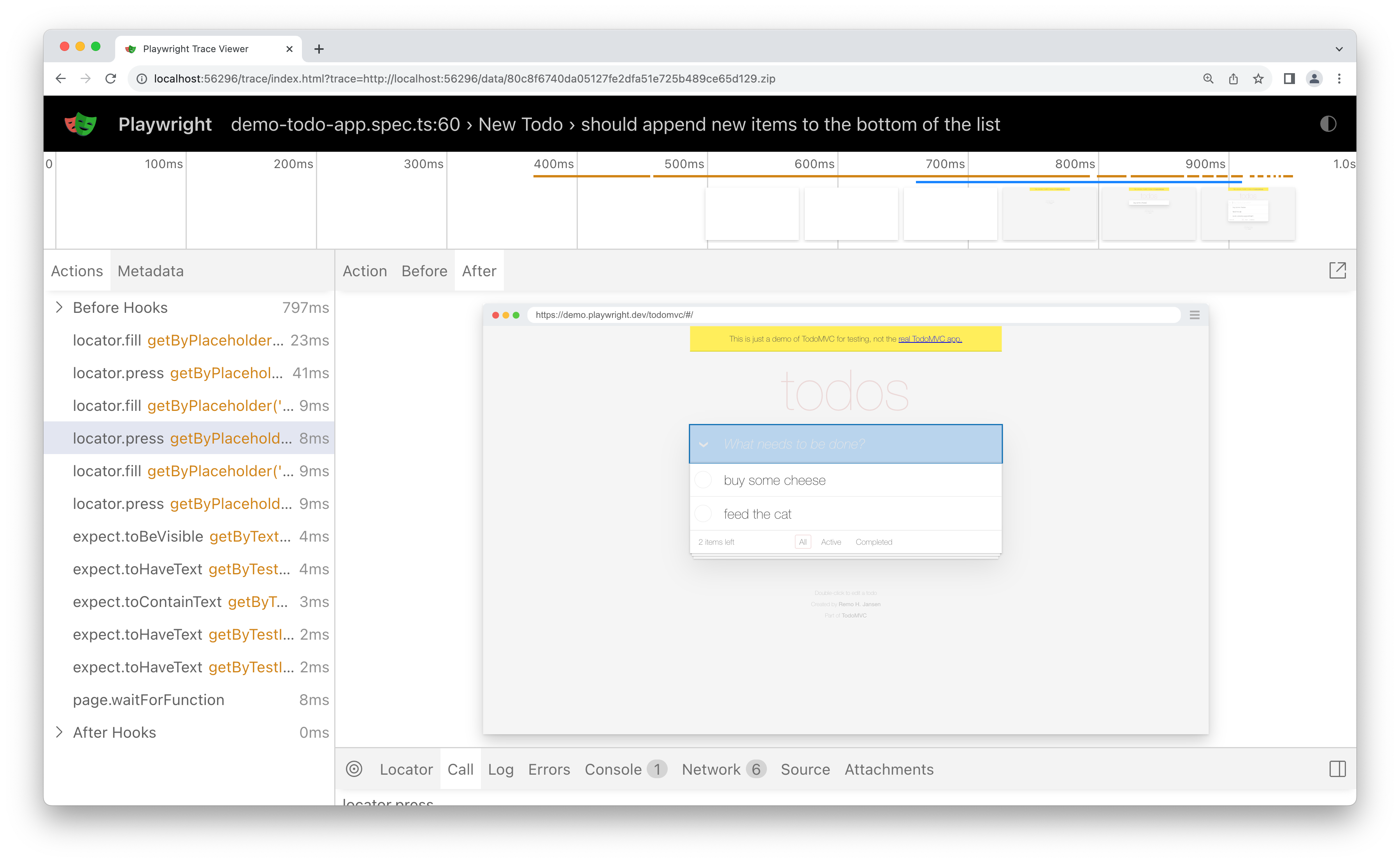 Playwright Trace Viewer showing the action timeline, DOM snapshot, and network
details used to debug a flaky test
failure