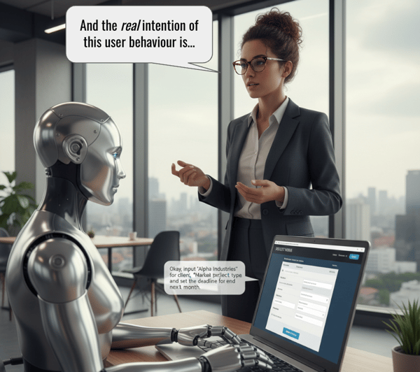 A woman dictating end-to-end behaviour to an AI agent