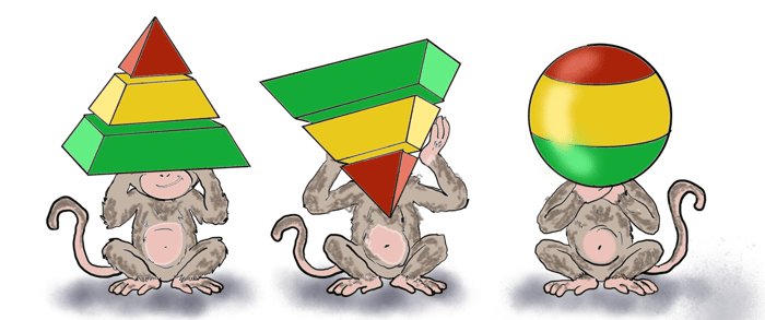 Three monkeys playing with testing framwork shapes