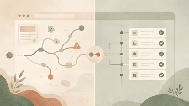 Abstract browser-themed illustration comparing exploratory AI browser agents with structured deterministic tests with branching paths, checklist cards, and other shapes.
