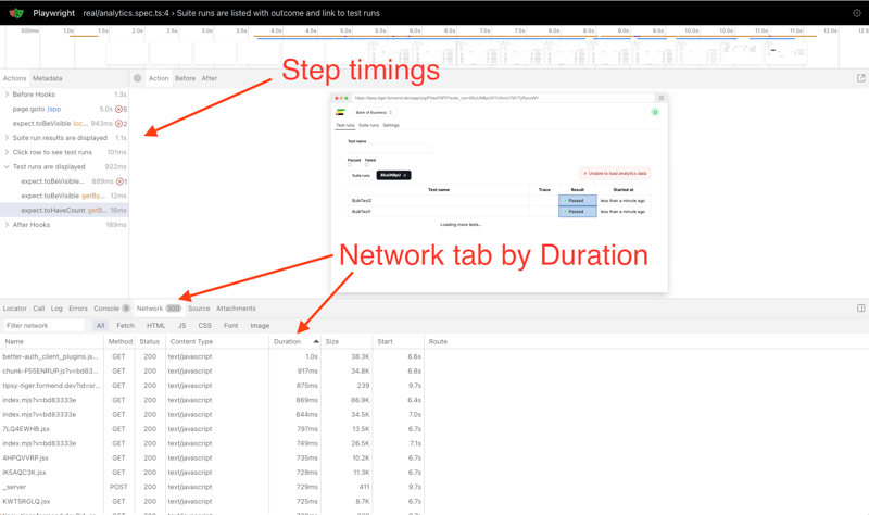 A screenshot of the Playwright report showing a trace of a test run