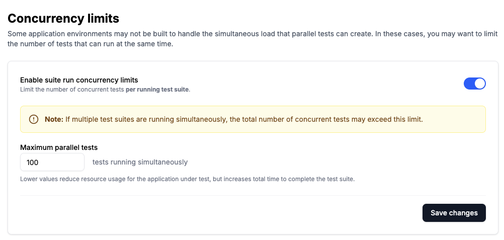 A screenshot of limiting suite run concurrency in the endform dashboard
