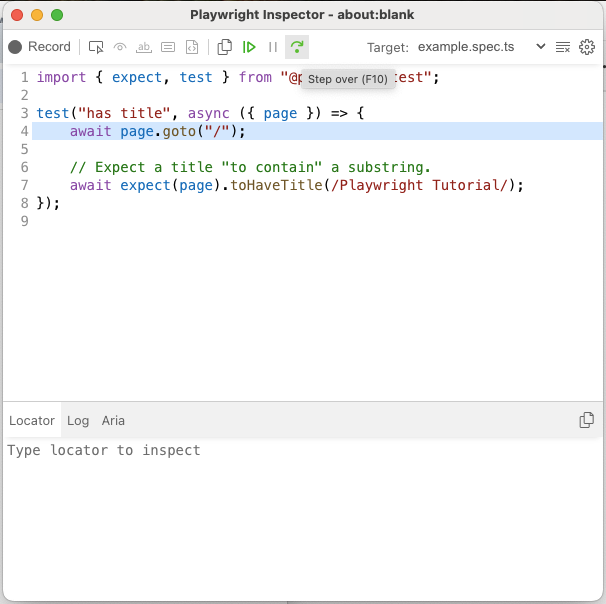 Step over button in Playwrights inspector